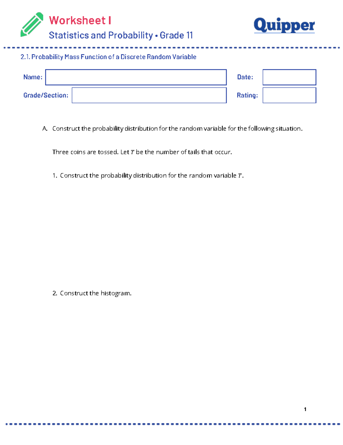 MESP11 Worksheet: Probability Mass Function for Coins Tossed - Studocu