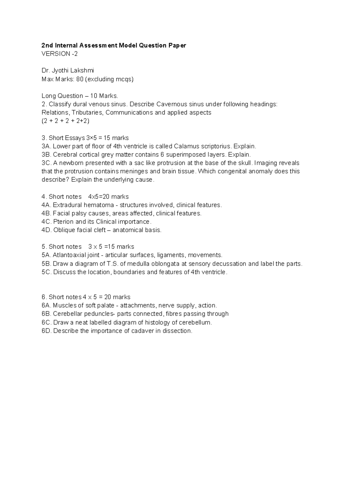 2nd Internal Assessment Model QP - Neuroanatomy (Max Marks: 80) - Studocu