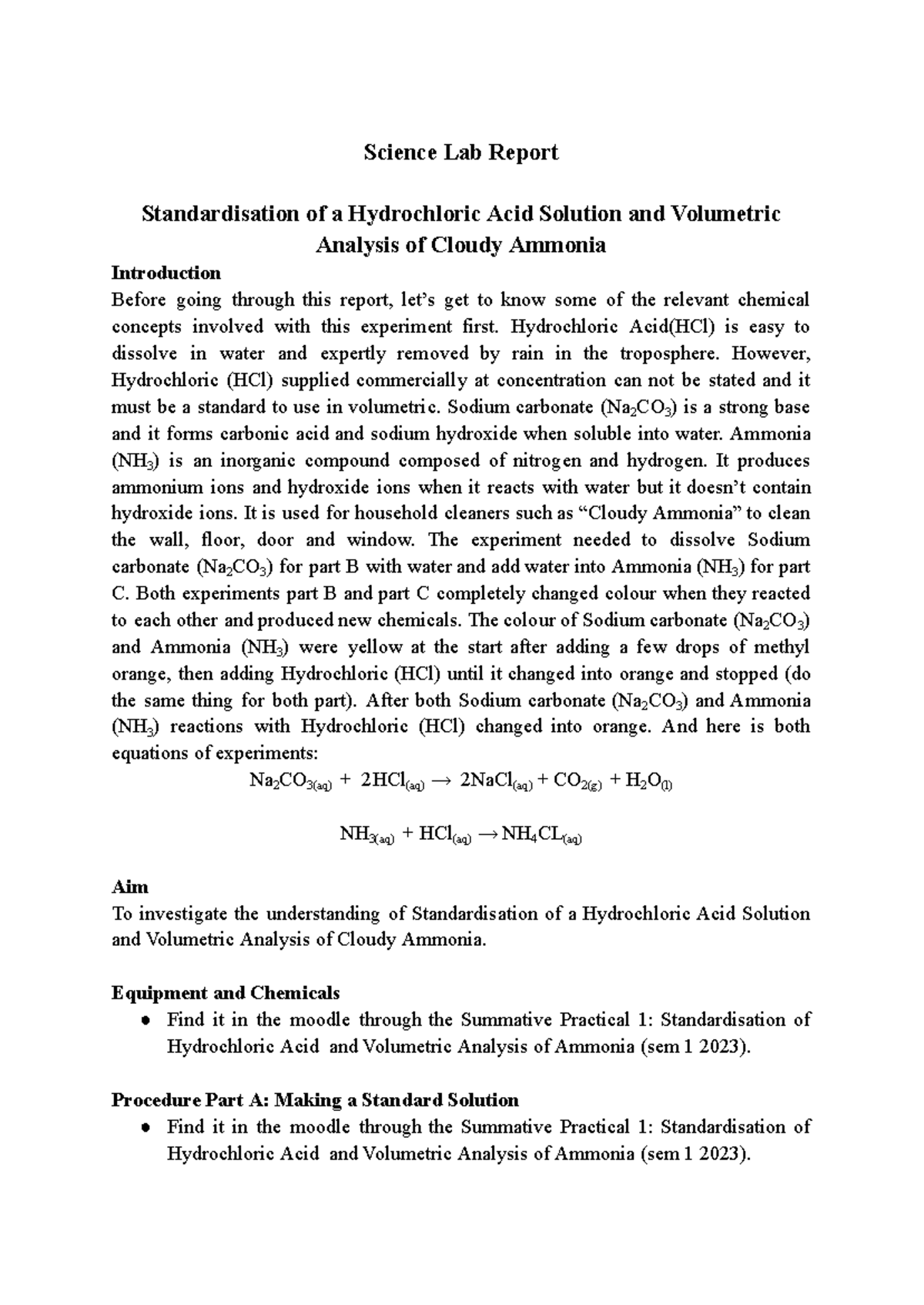 Summative Science Lab Report: HCl Standardisation & Ammonia Analysis ...