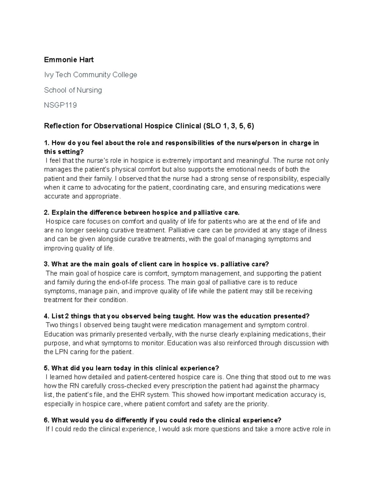 NSGP119 Reflection on Observational Hospice Clinical Experience - Studocu