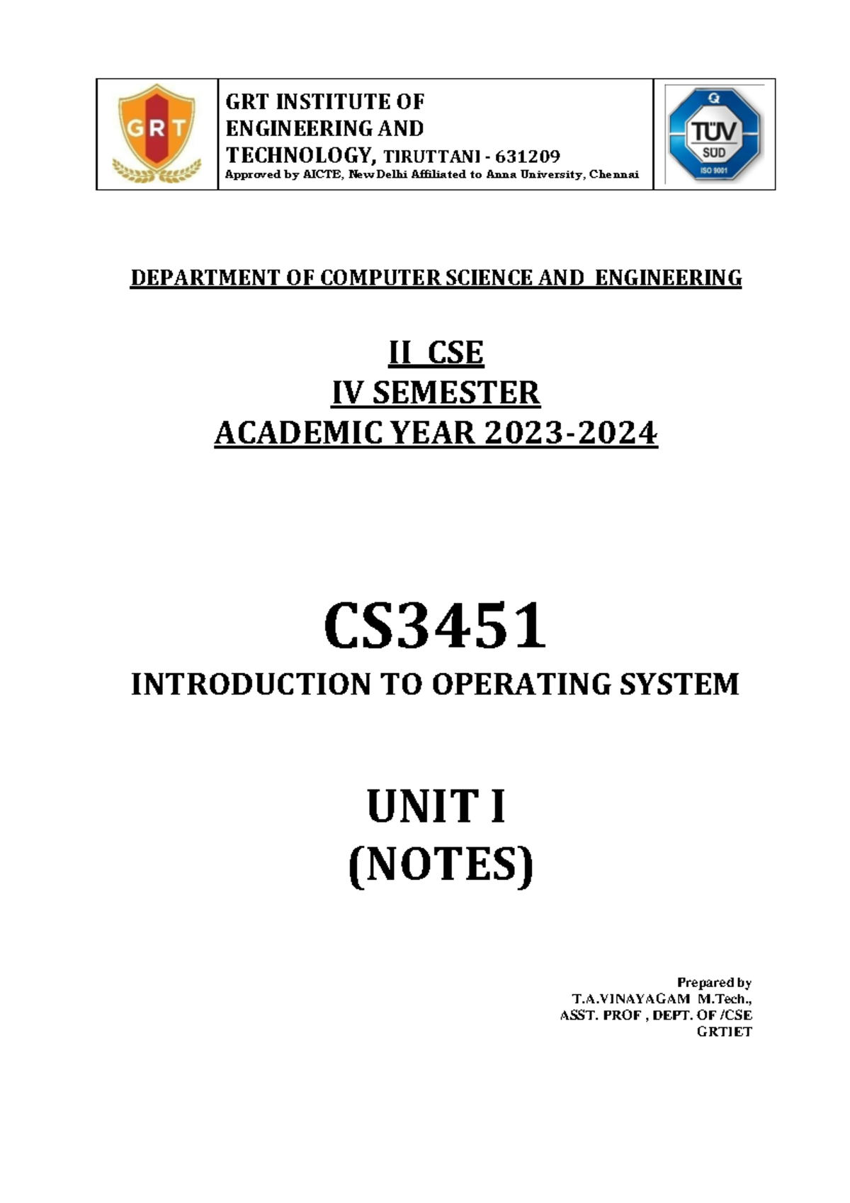 CS3451 Introduction to Operating Systems - Unit I Notes - Studocu