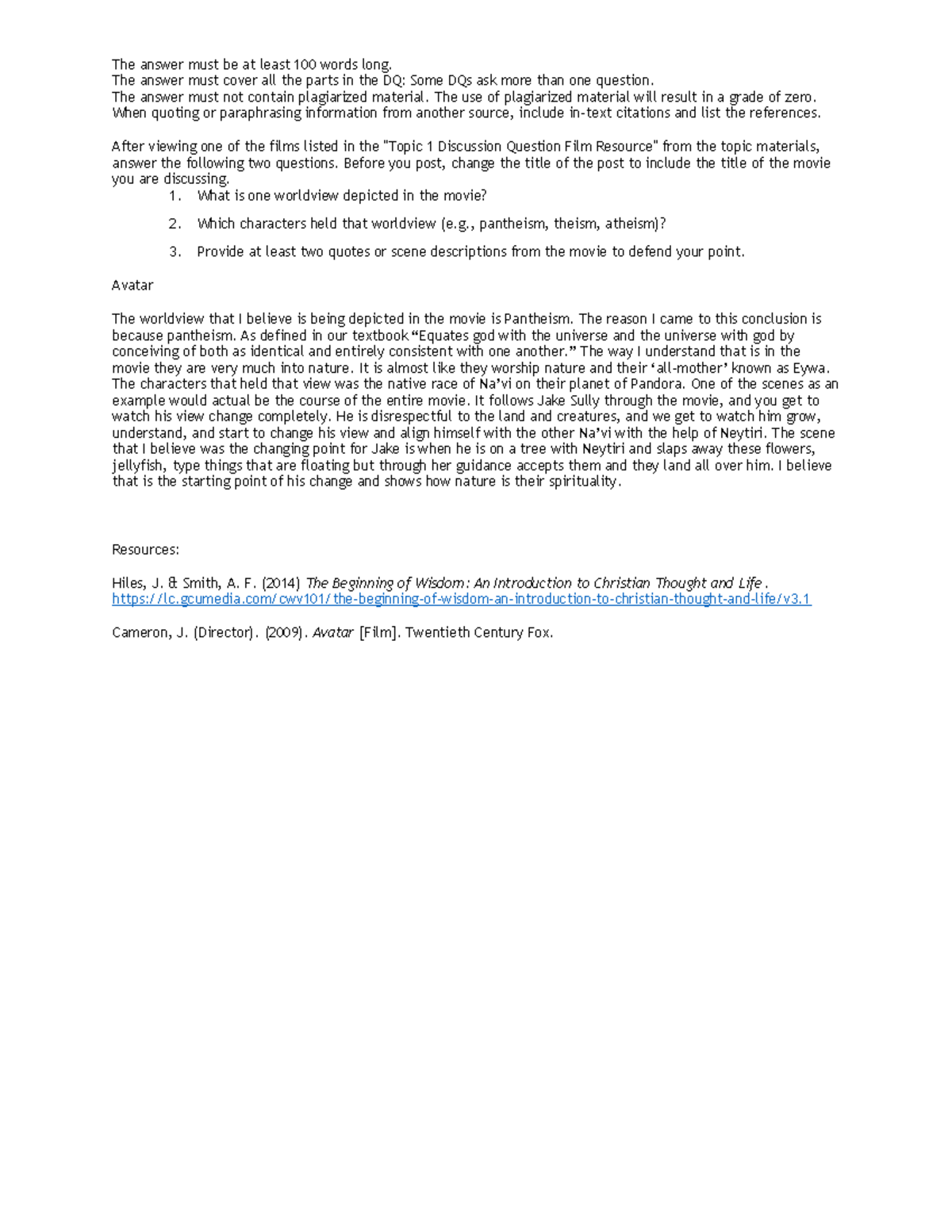 Discussion Questions on Avatar: Worldviews Explored in Topic 1 - Studocu