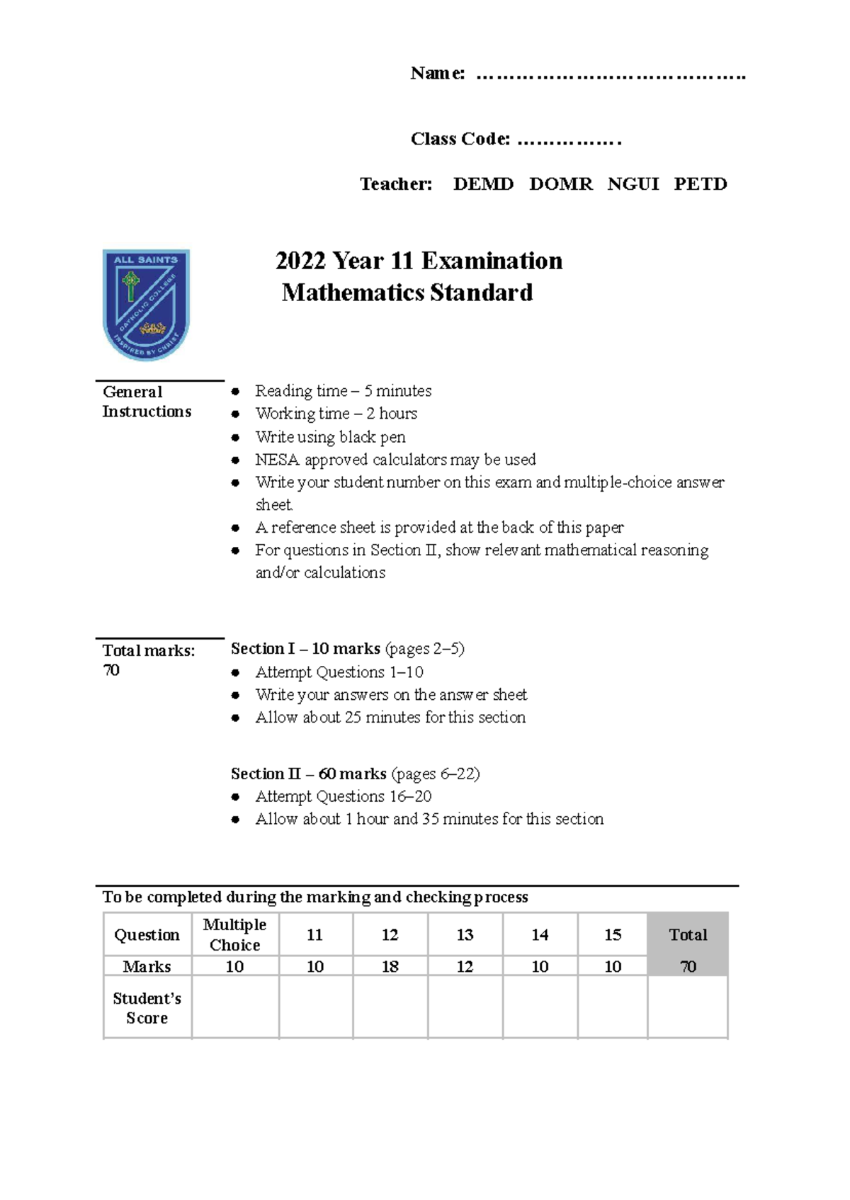 YR11 2022 Mathematics Standard Exam - Practice Paper - Studocu