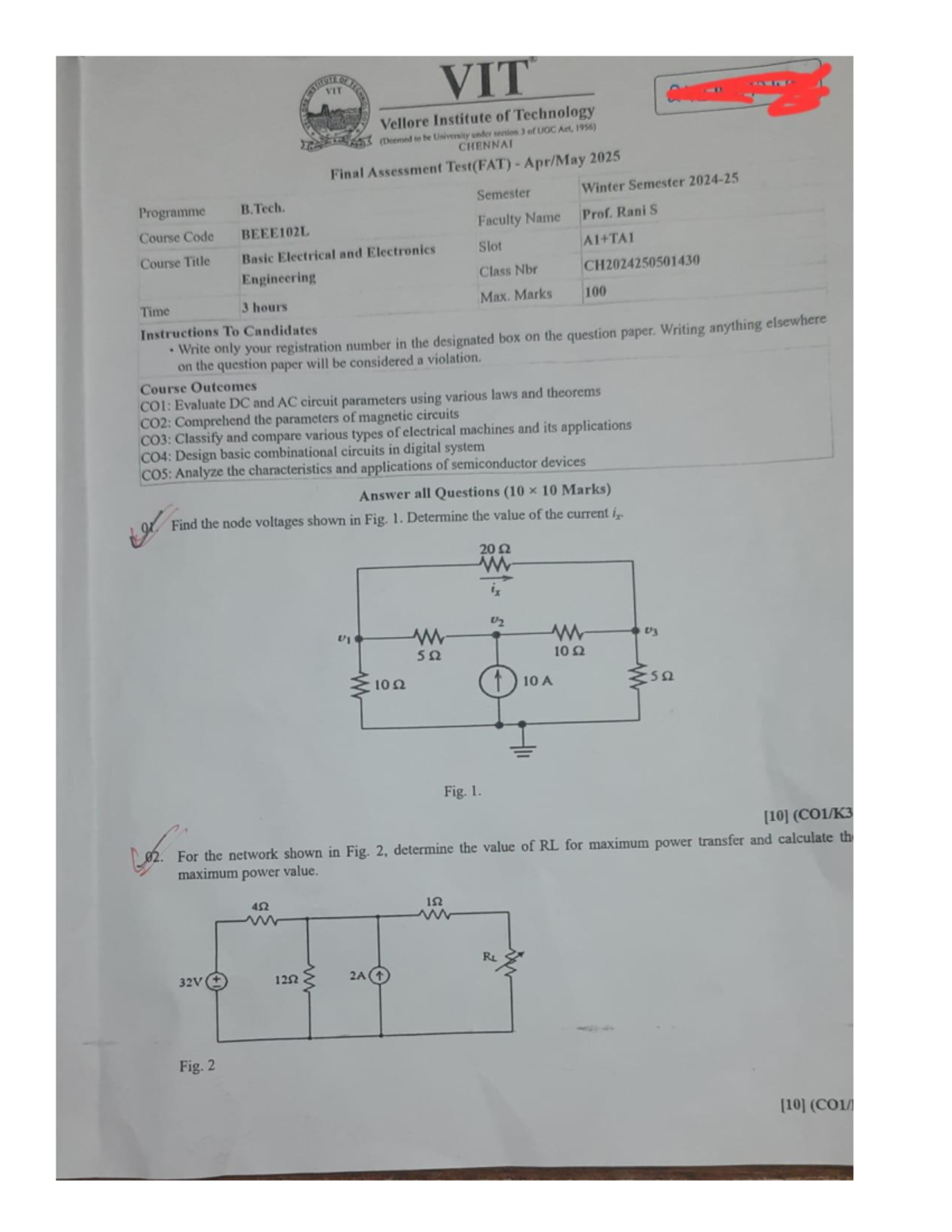 EEE FAT 2025 - BEEE102L FAT WINTER SEM QUESTION PAPER 2025 - INSTITUTE ...