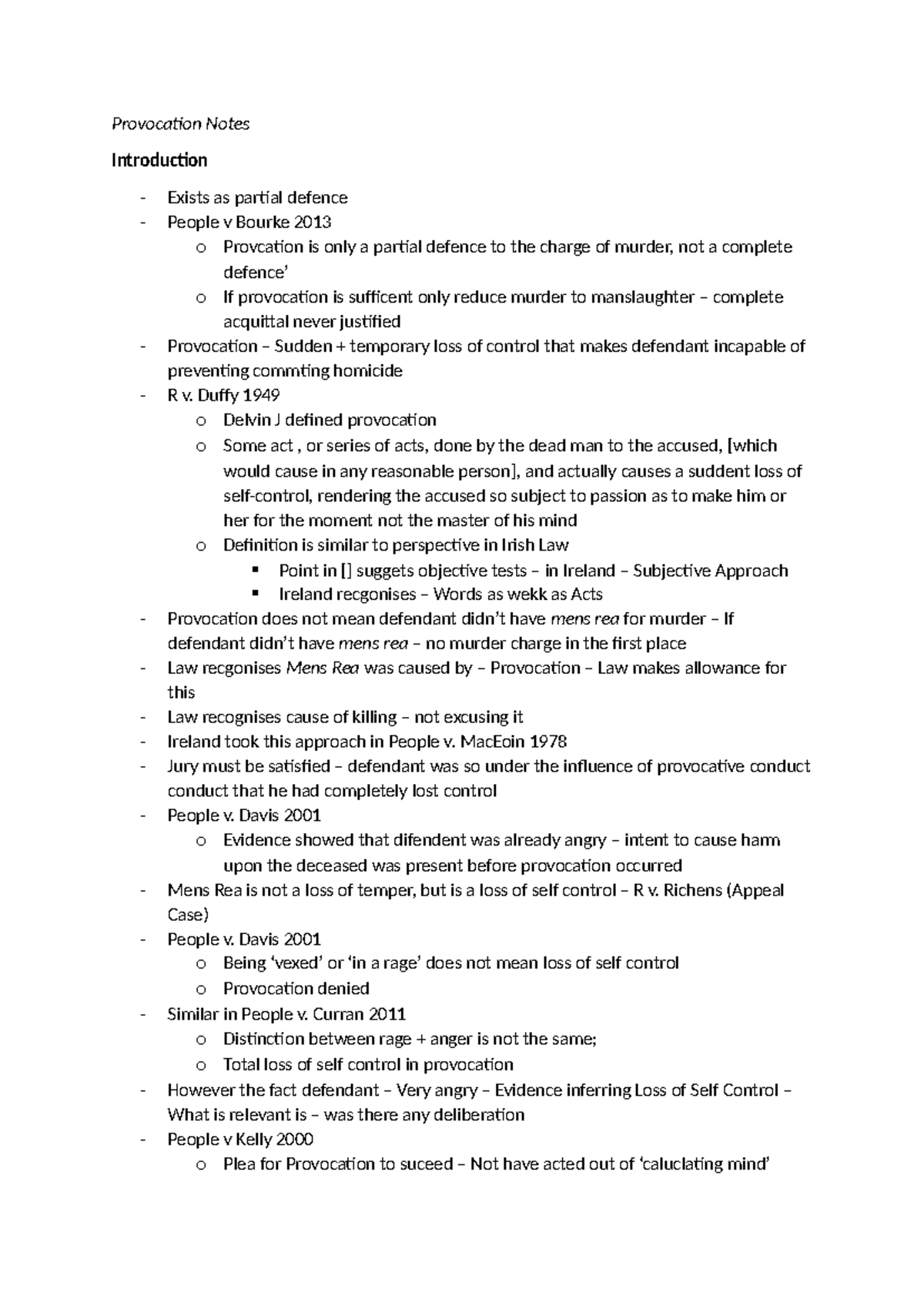 Provocation in Irish Criminal Law: Key Summary and Case Insights - Studocu