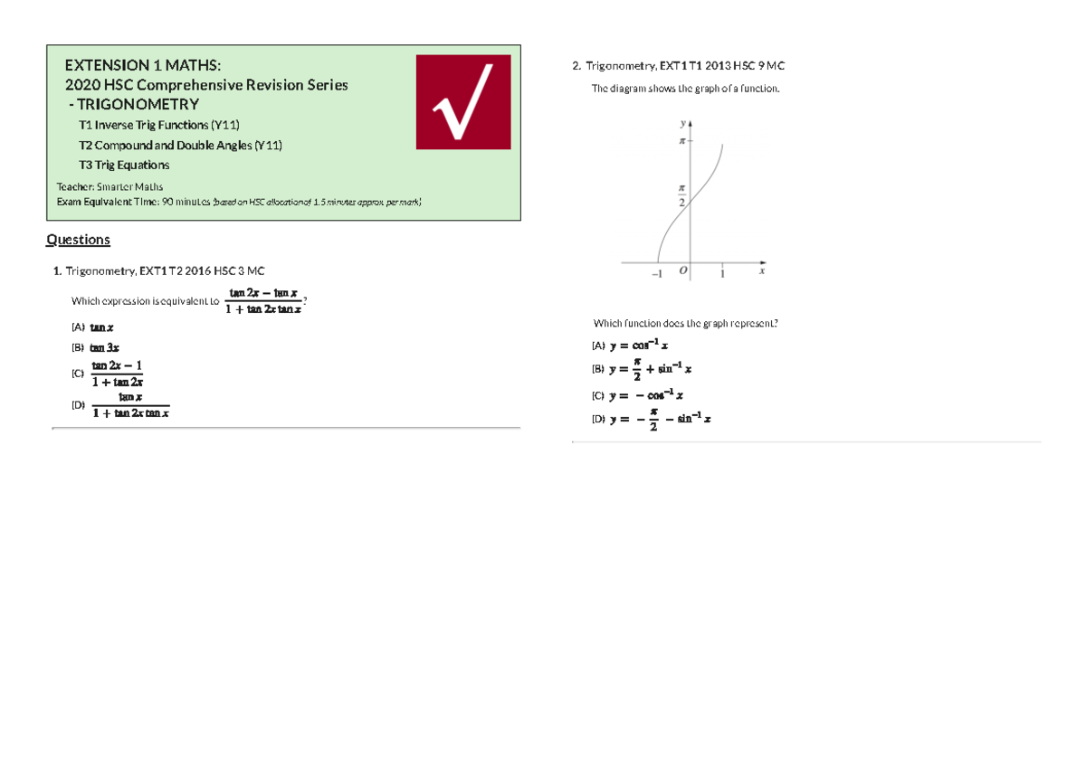 EXT 1 Maths: Inverse Trig, Compound/Dbl Angles & Trig Equations - Studocu