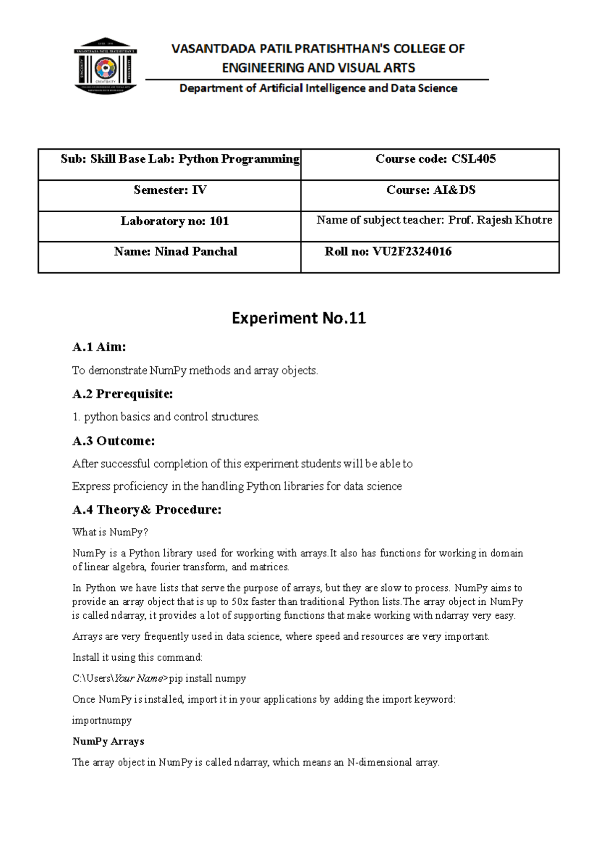 Skill Lab: NumPy & Pandas Experiments - CSL405 Semester IV - Studocu