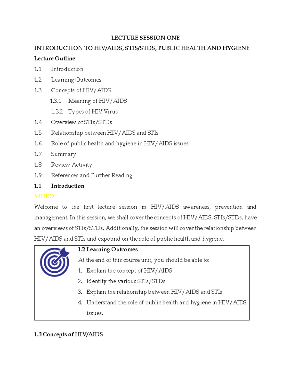 HIV/AIDS Awareness and Public Health: Lecture Session 1 (Code: LECT 101 ...