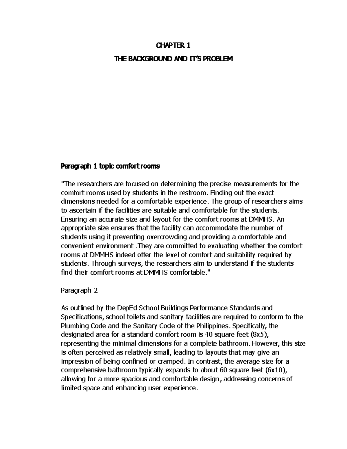 Chapter 1: Comfort Room Dimensions and Student Satisfaction at DMMHS ...
