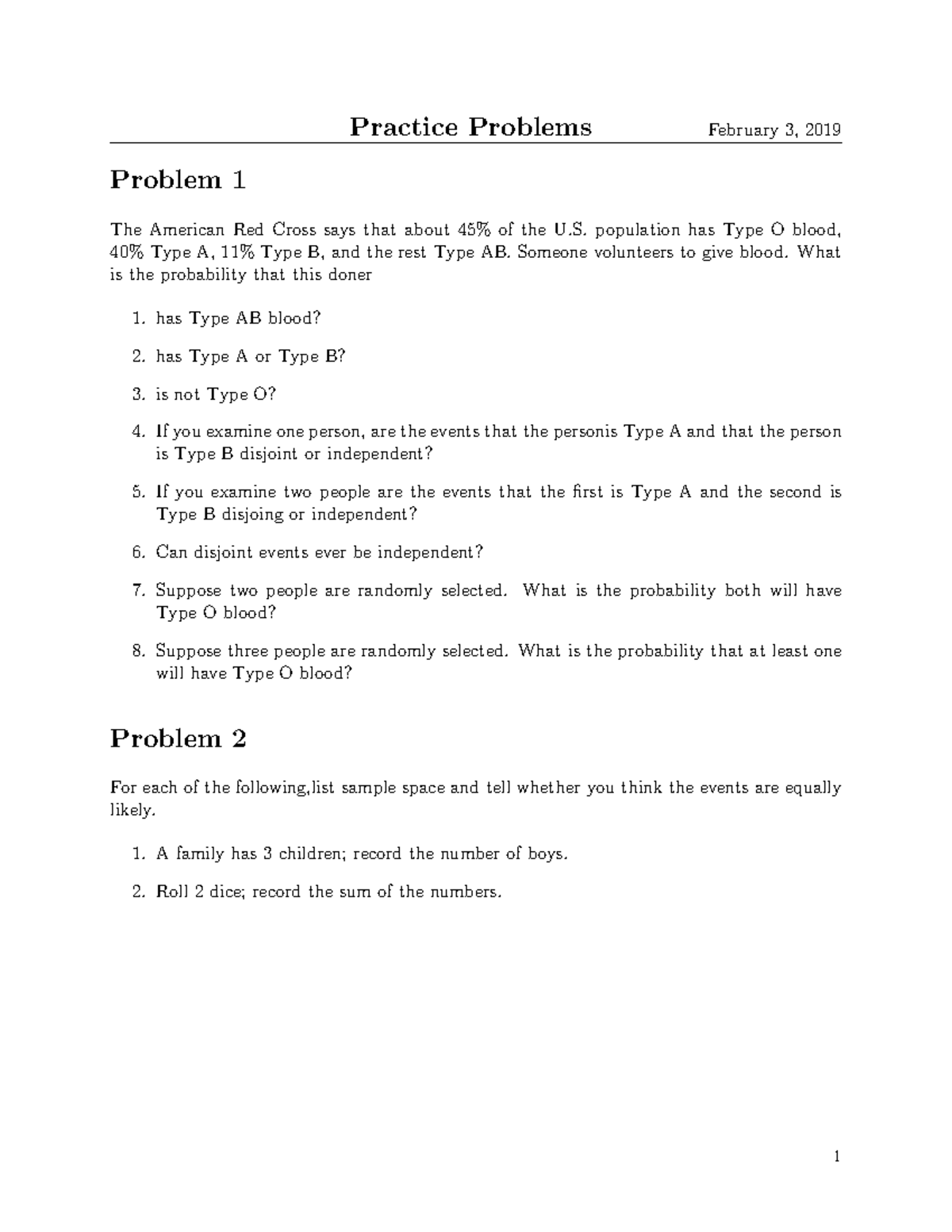 Probability Practice Problems - Stats Analysis & Events (Feb 3, 2019 ...