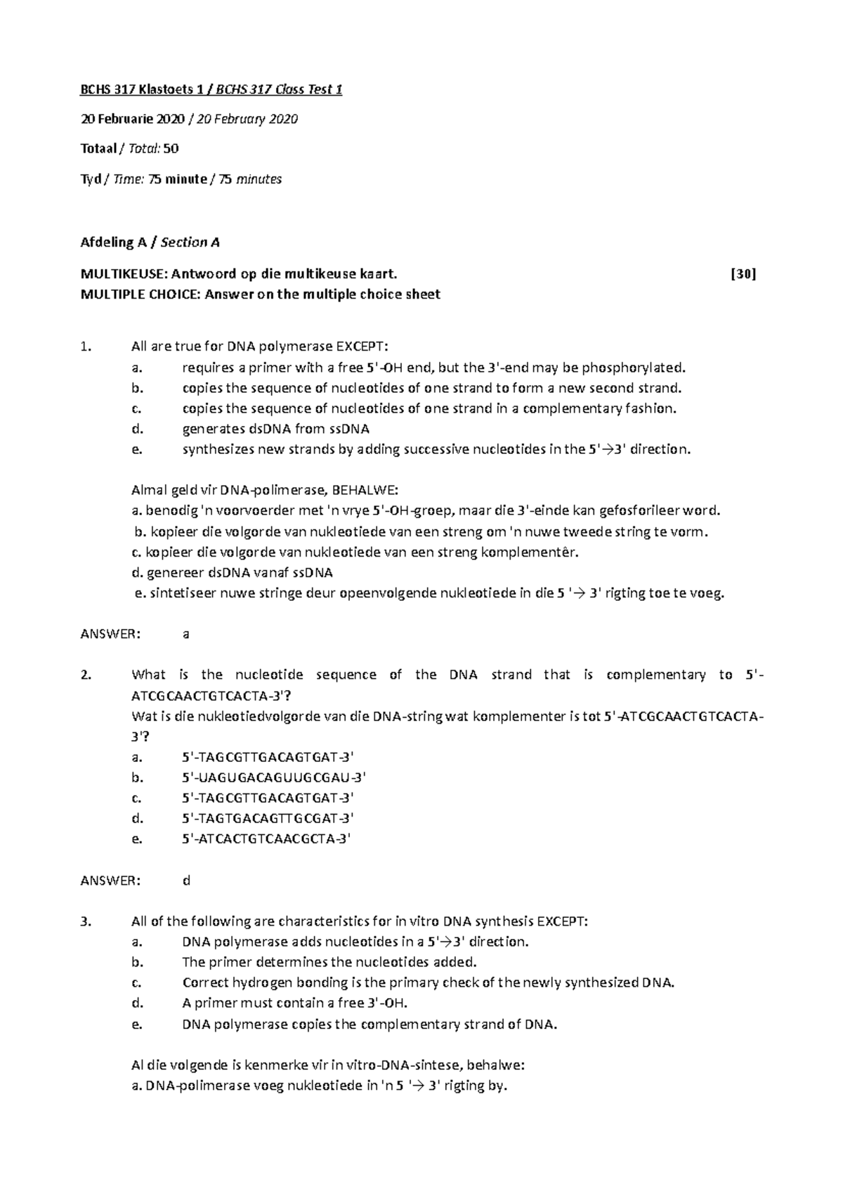 BCHS 317 Class Test 1 - Detailed Questions and Answers (Feb 2020) - Studocu