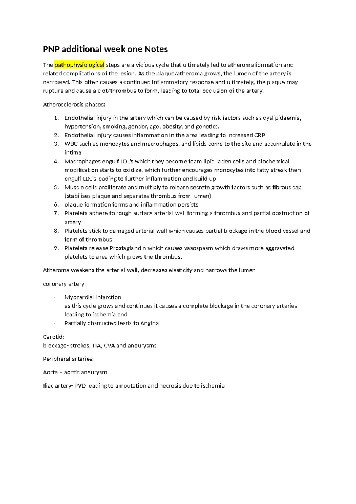 PNP 2808 - Week 1 Pathophysiology & Atherosclerosis Notes - Studocu