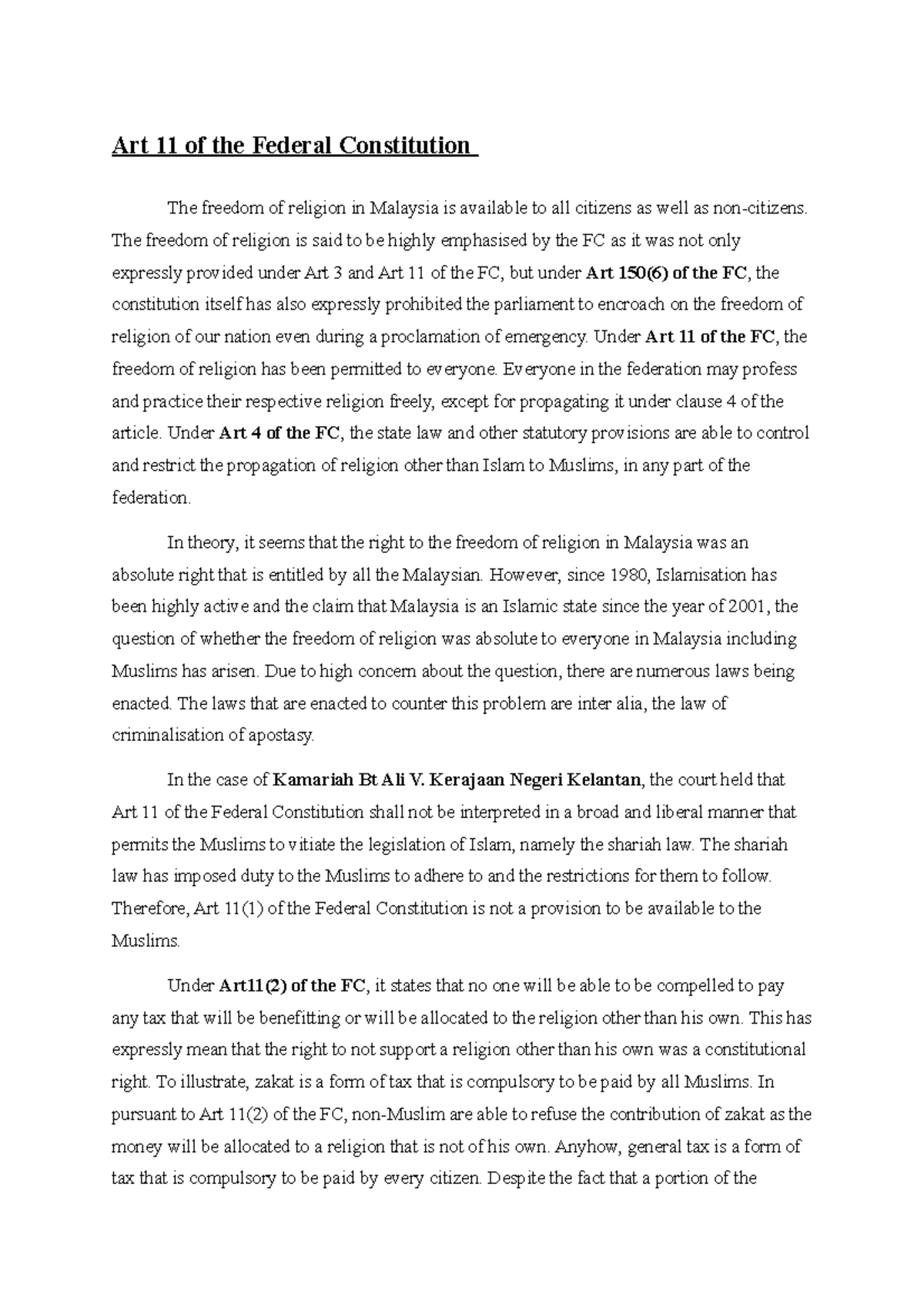 Consitutional Law II Article 11, 12, 13 Note - Art 11 of the Federal ...