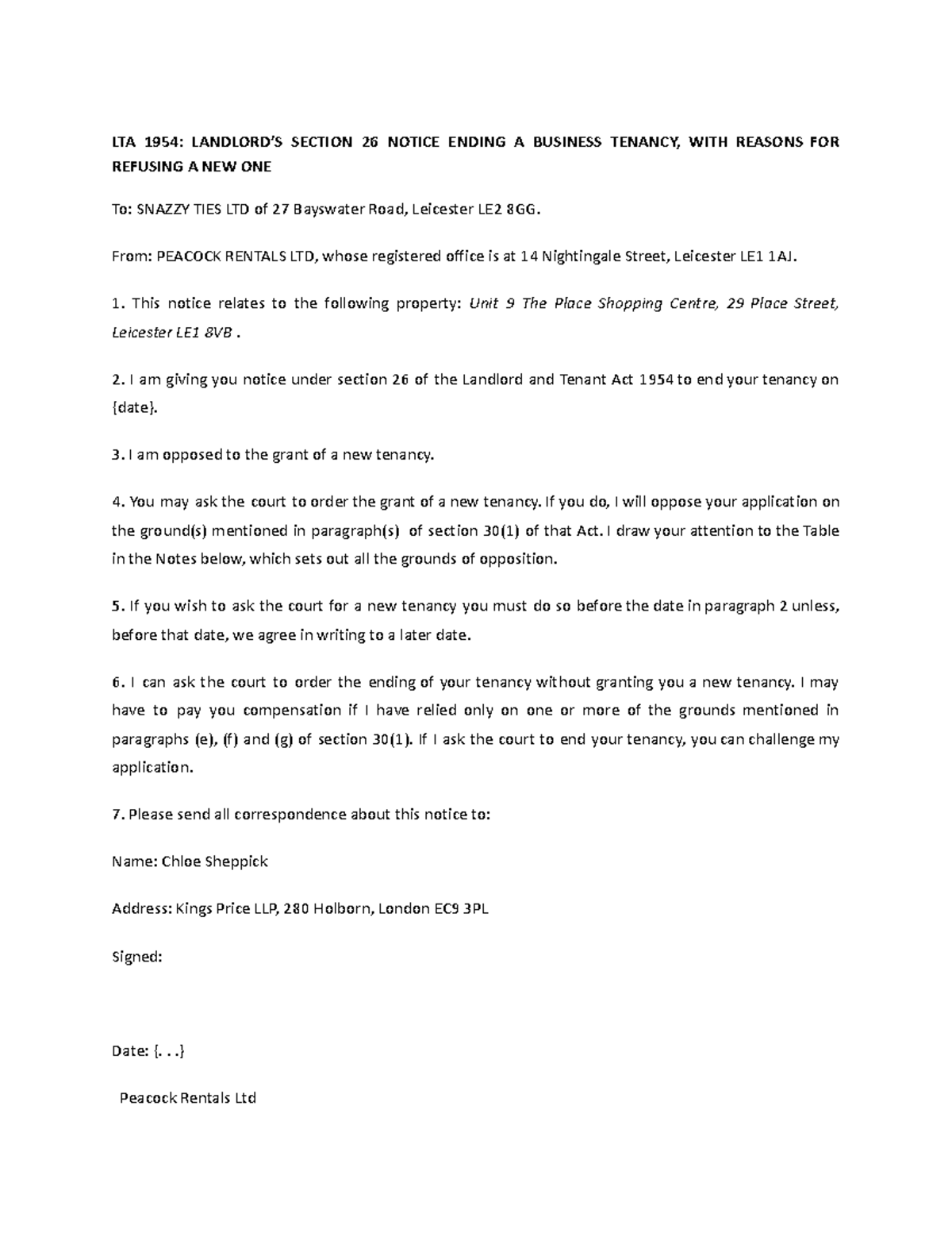 LTA 1954 - Landlord's Section 26 Notice for Ending Business Tenancy ...