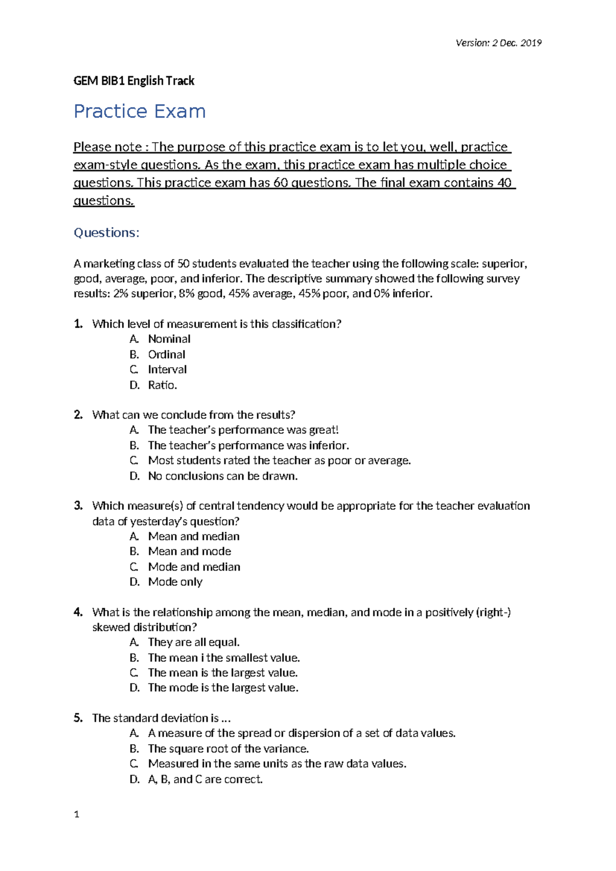 BIB QM Mock Exam Paper 60Q - GEM BIB1 English Track Practice Exam ...