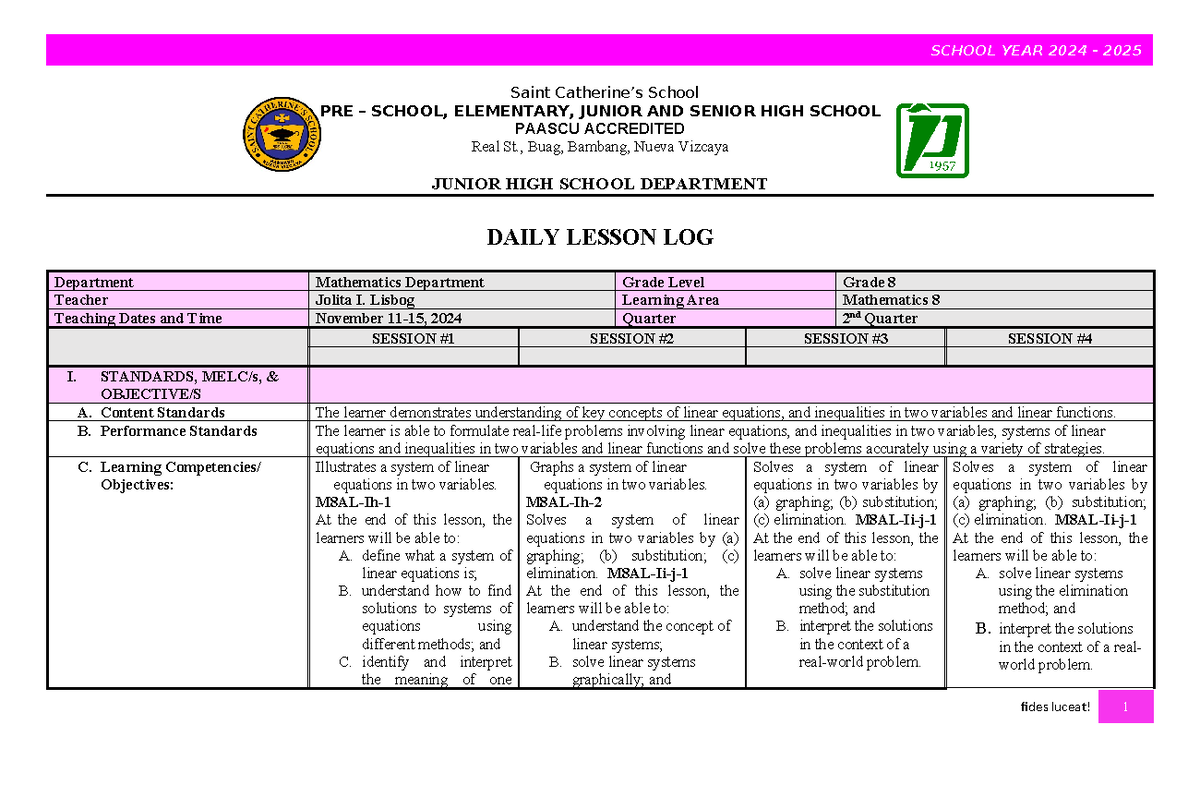 Daily Lesson Log for Mathematics 8 - November 11-15, 2024 - Studocu