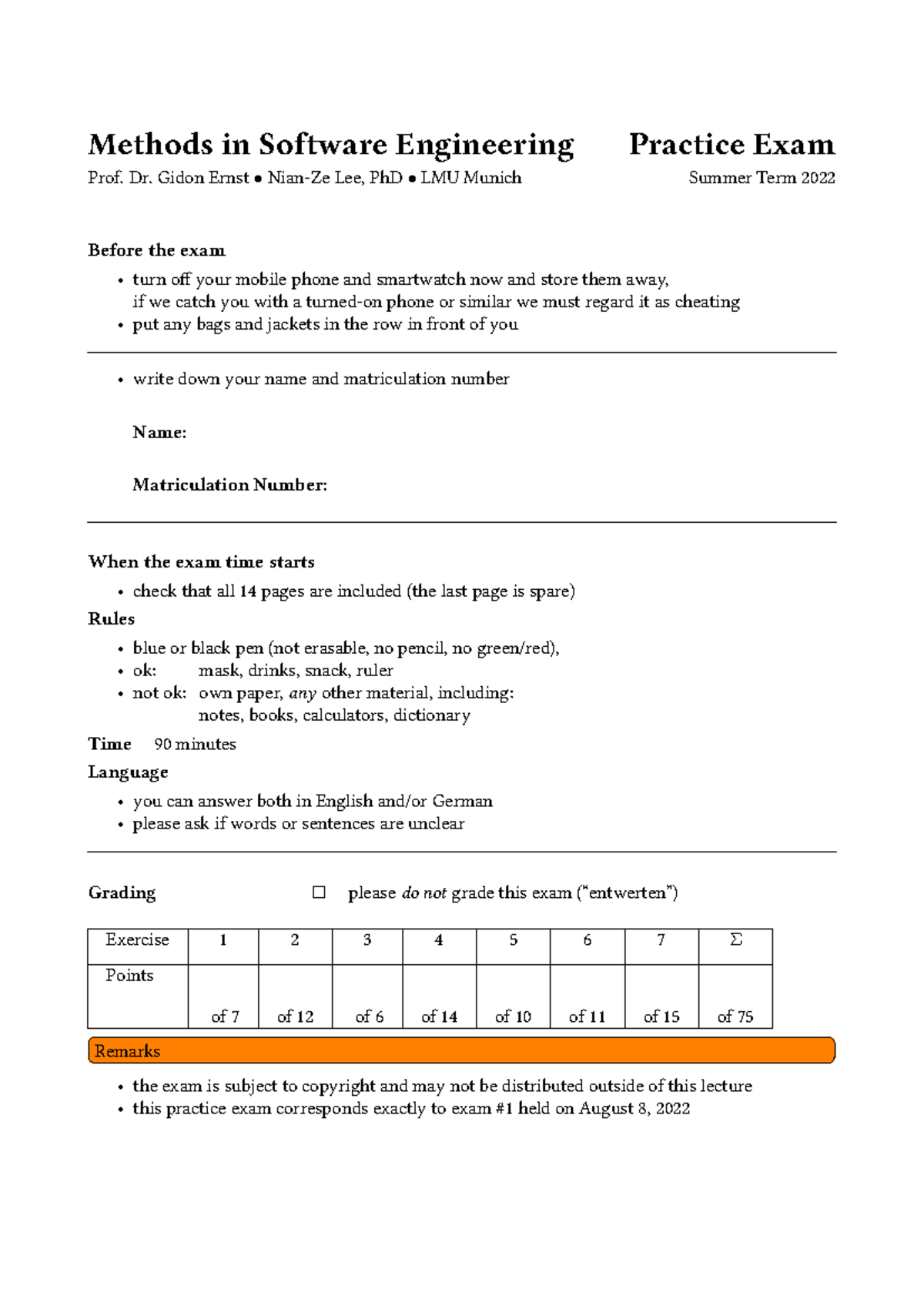 Methods in Software Engineering Practice Exam LMU Munich Summer Term ...