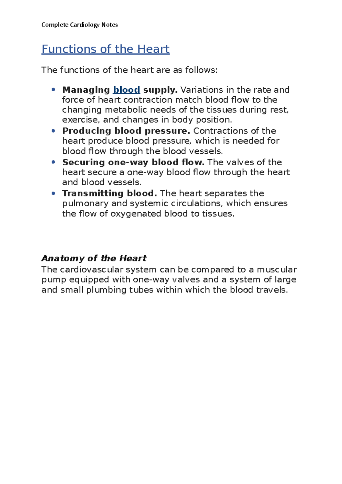 Complete Cardiology Notes Anatomy and physiology - Functions of the ...