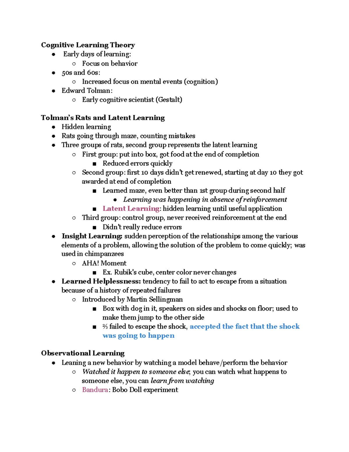 Psych 3 - Cognitive Learning Theory and Observational Learning Notes ...