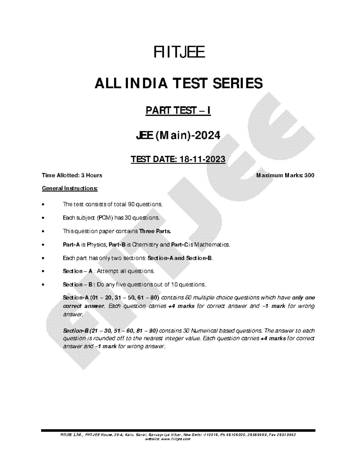AITS 2324 JEE Main 2024 All India Test Series Part 1 Details - Studocu