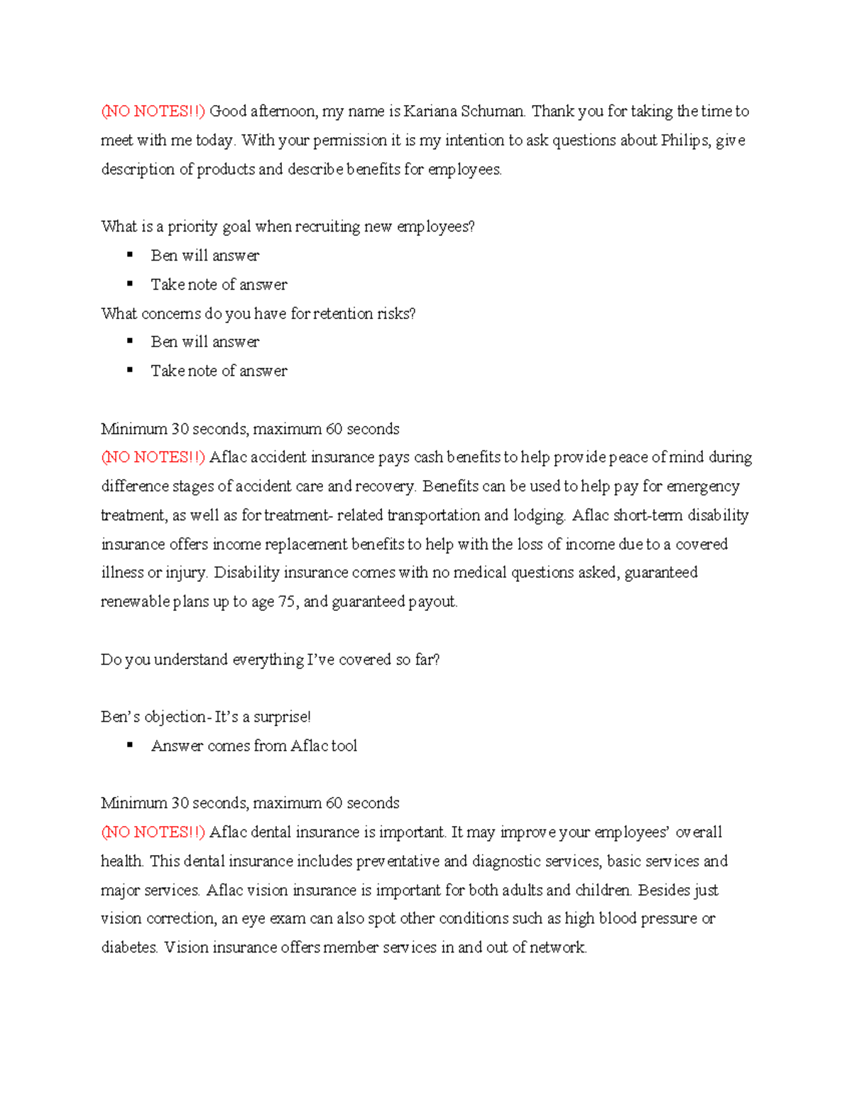 Aflac Presentation Script for Employee Benefits Overview - Studocu