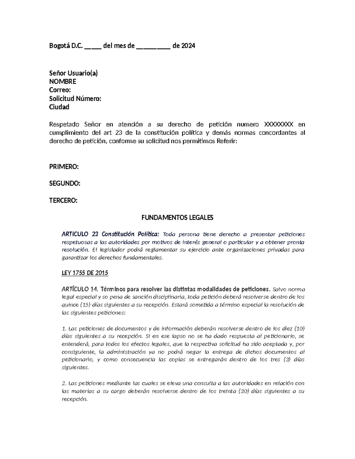 Modelo de Respuesta a Derecho de Petición - 2024 - Studocu