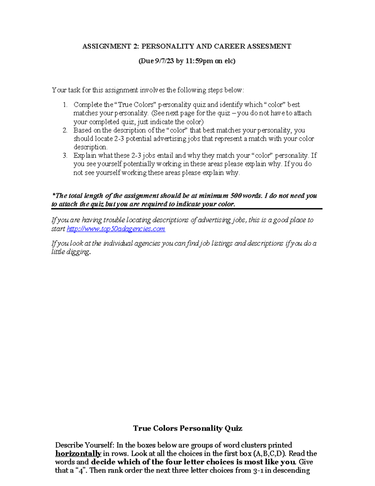 Assignment 2: Personality & Career Assessment Insights (Due 9/7/23 ...