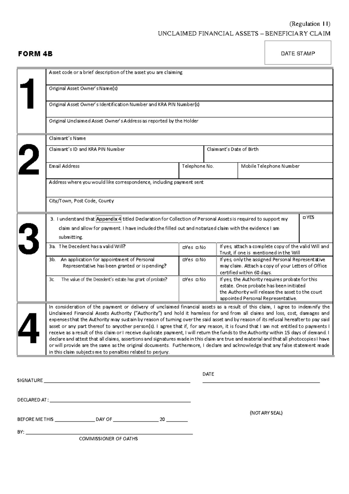 Beneficiary claim-FORM 4b - 1 Asset code or a brief description of the ...