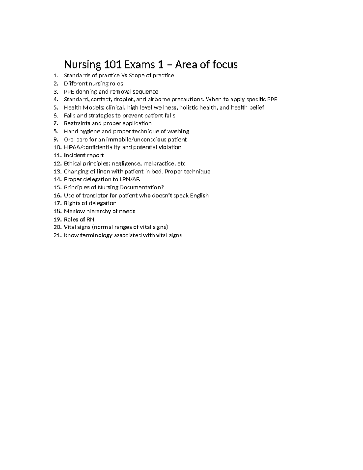 NUR 101 Exam 1 Study Guide: Key Topics and Focus Areas - Studocu