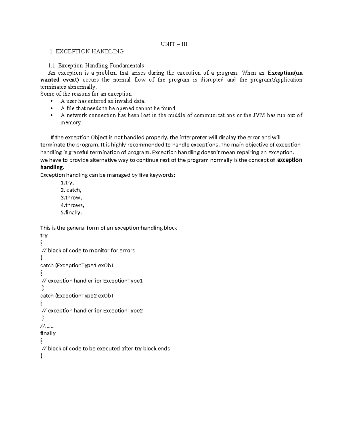 Java Unit 3: Exception Handling Fundamentals and Practices - Studocu