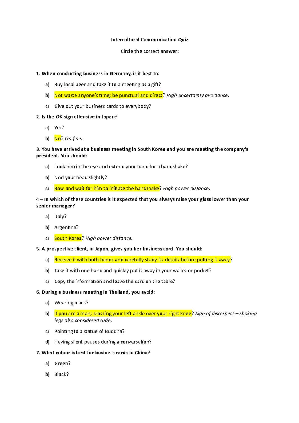 MGB225 Intercultural Communication Quiz: Key Questions & Answers - Studocu