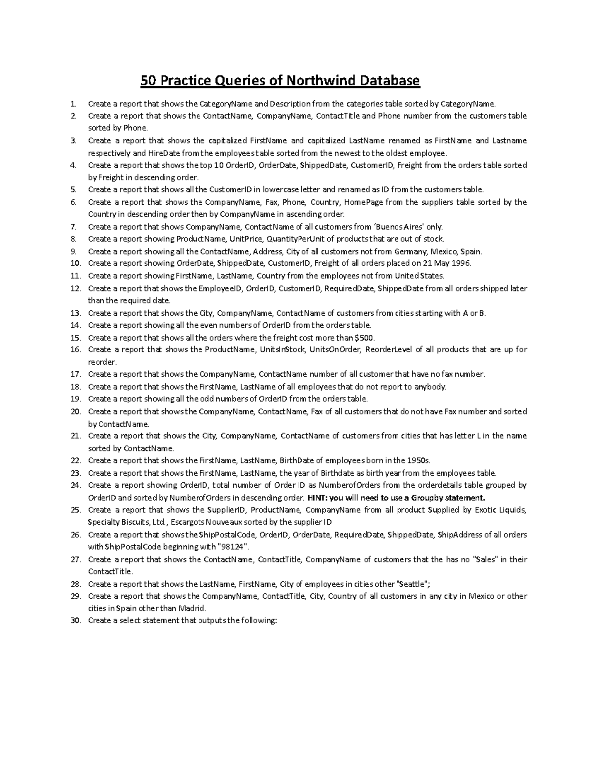 Northwind Database Practice Queries: 50 Essential SQL Examples - Studocu