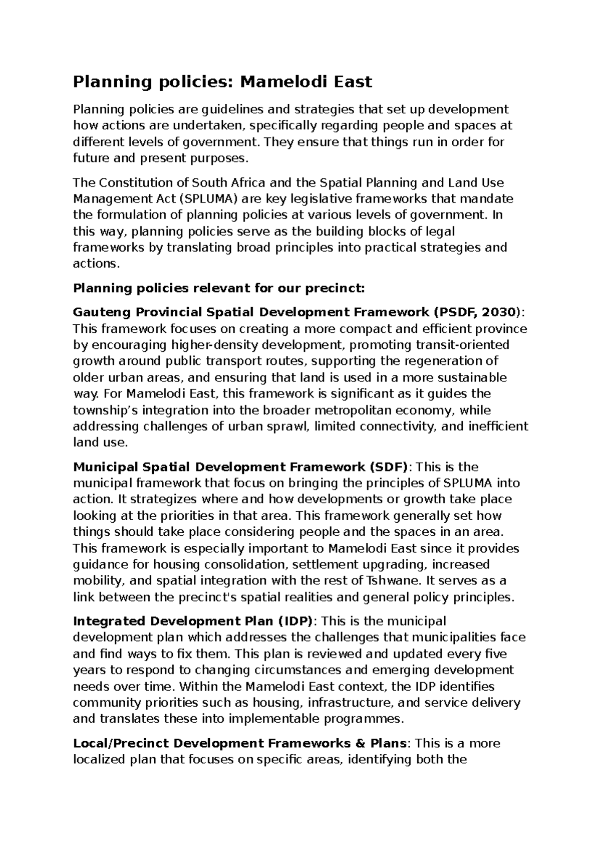 Mamelodi East Planning Policies: Frameworks and Strategies - Studocu