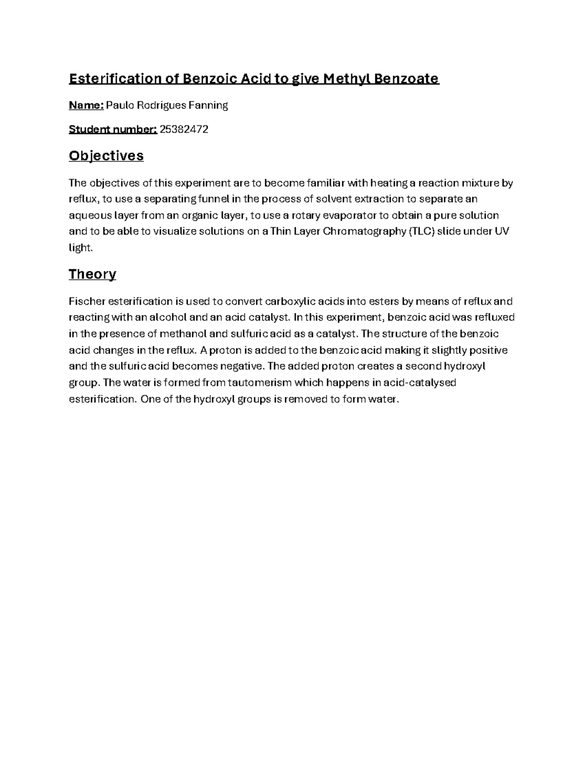 Organic Lab Report: Esterification of Benzoic Acid (CHEM 101) - Studocu