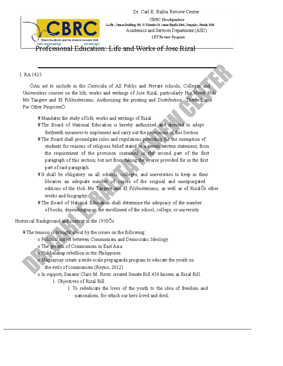 LET Review Program: Life and Works of Jose Rizal Overview - Studocu