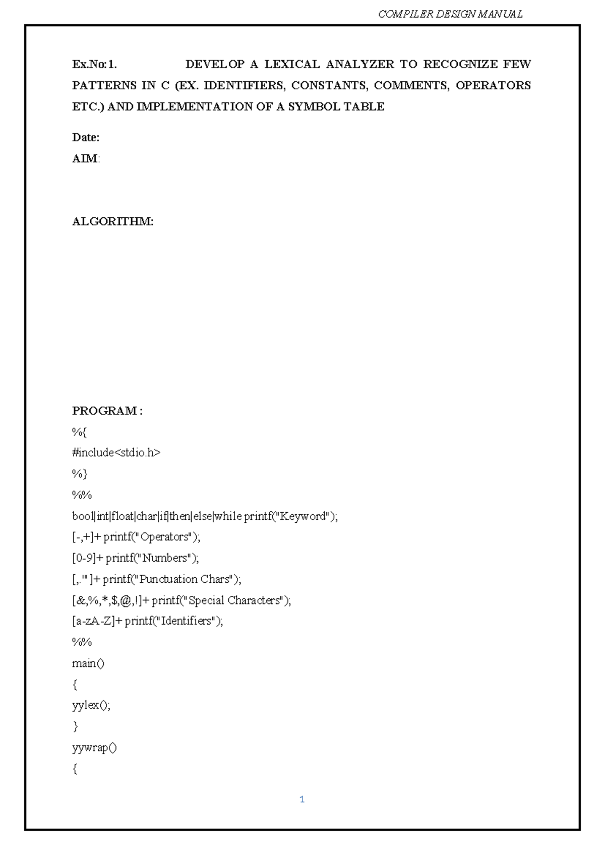 COMPILER DESIGN LAB MANUAL: LEXICAL ANALYZER & PROGRAMS - Studocu