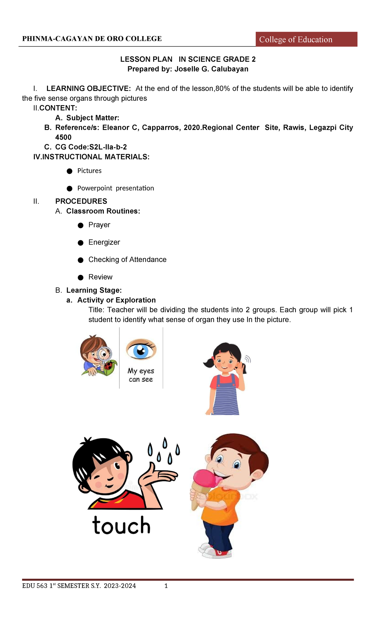 EDU 563 Lesson Plan: Understanding the Five Senses for Grade 2 - Studocu