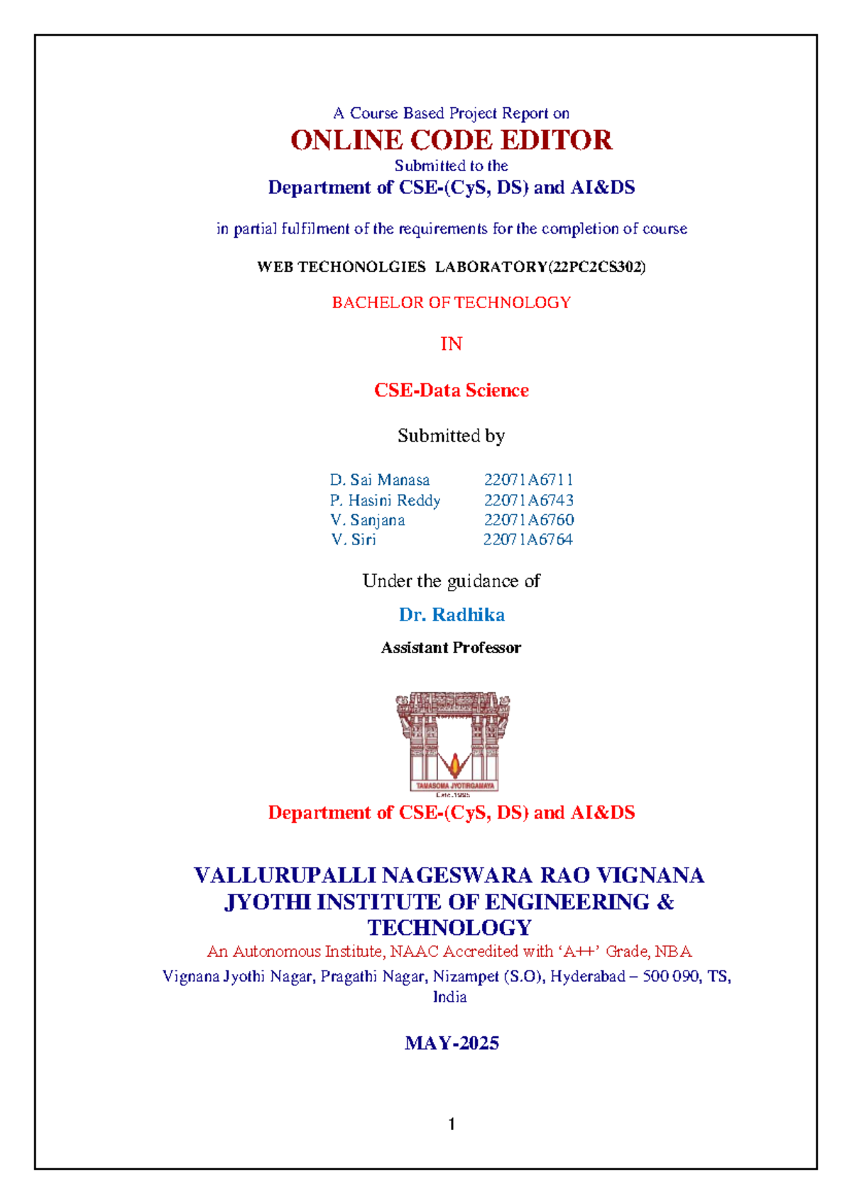 Online Code Editor Project Report for WEB TECHNOLOGIES LAB (22PC2CS302 ...