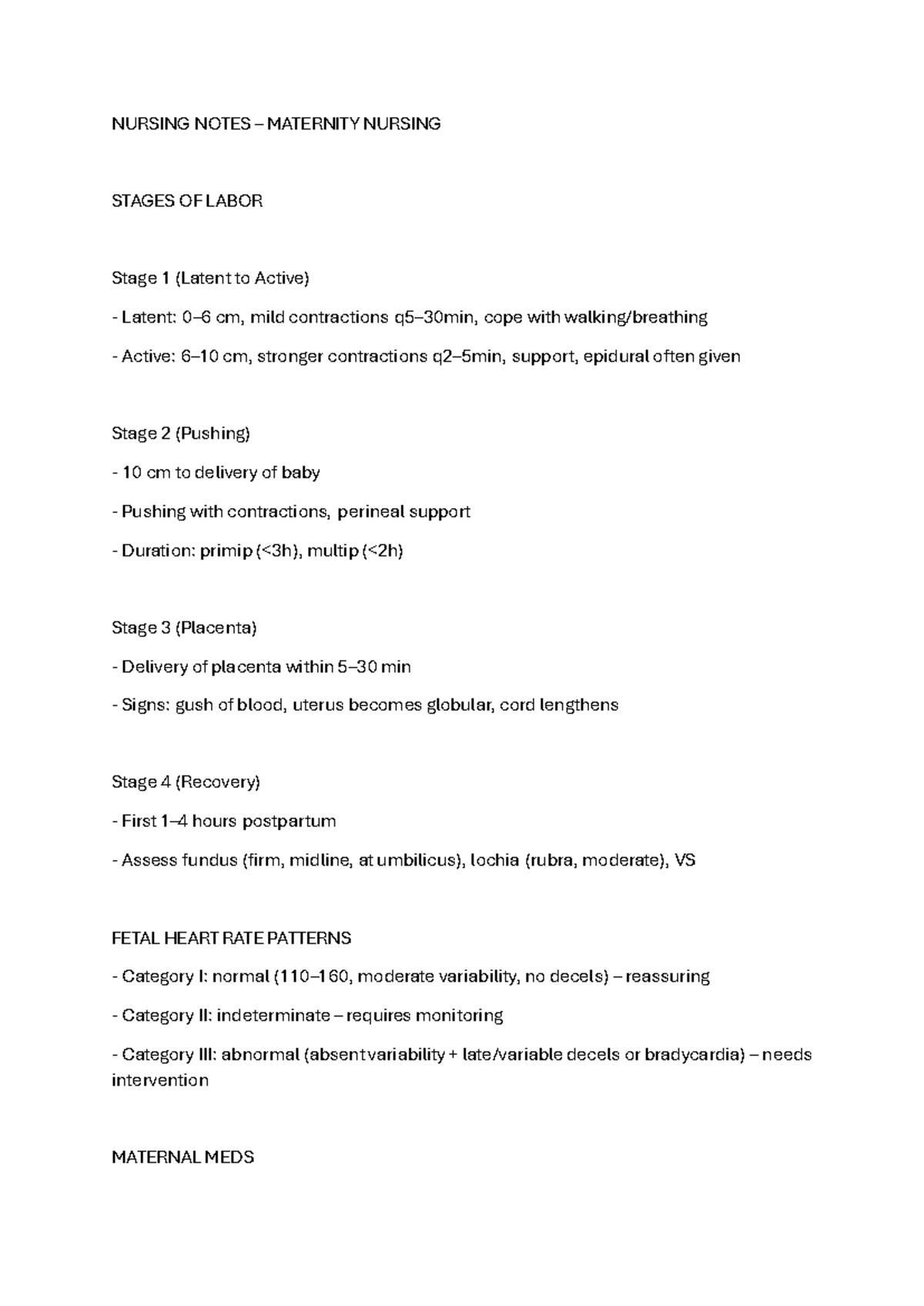 NURS 101 Maternity Nursing Notes: Stages of Labor & Fetal Heart Rate ...