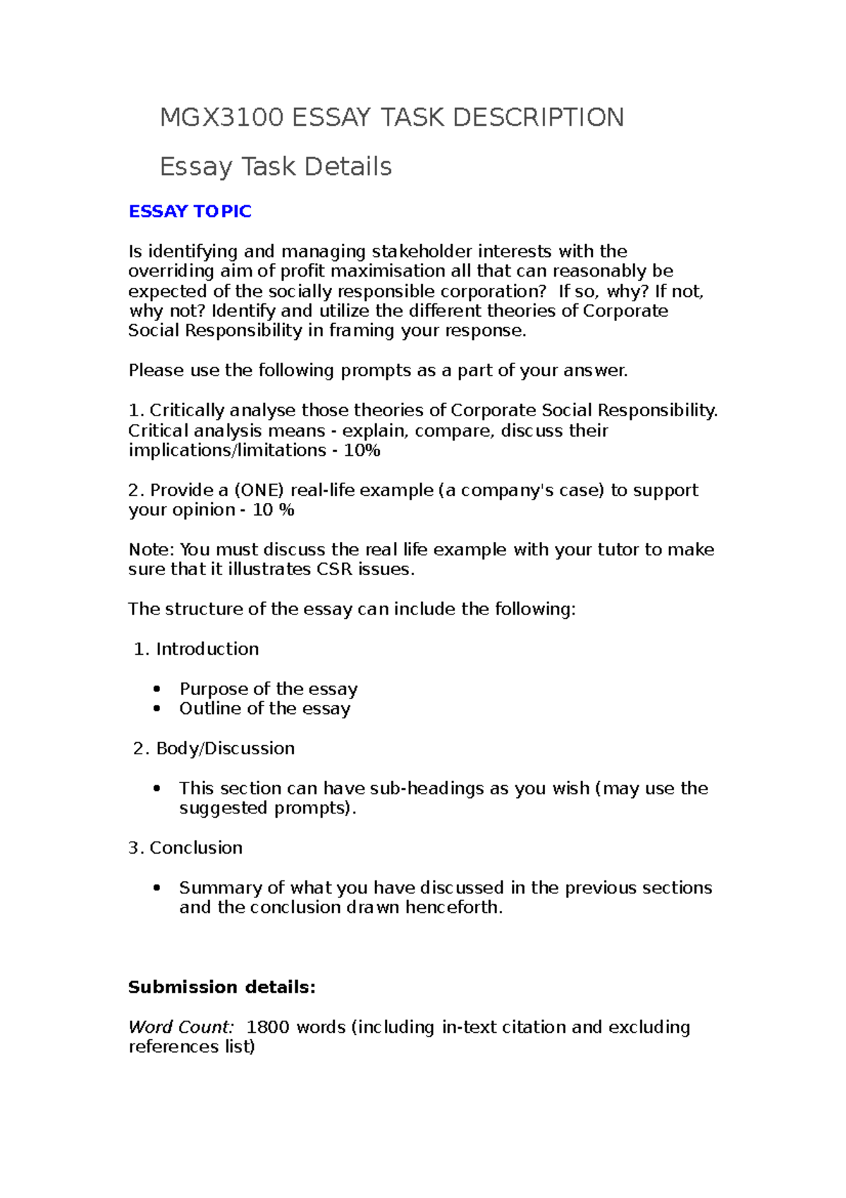 MGX3100 Essay TASK Description - MGX3100 ESSAY TASK DESCRIPTION Essay ...