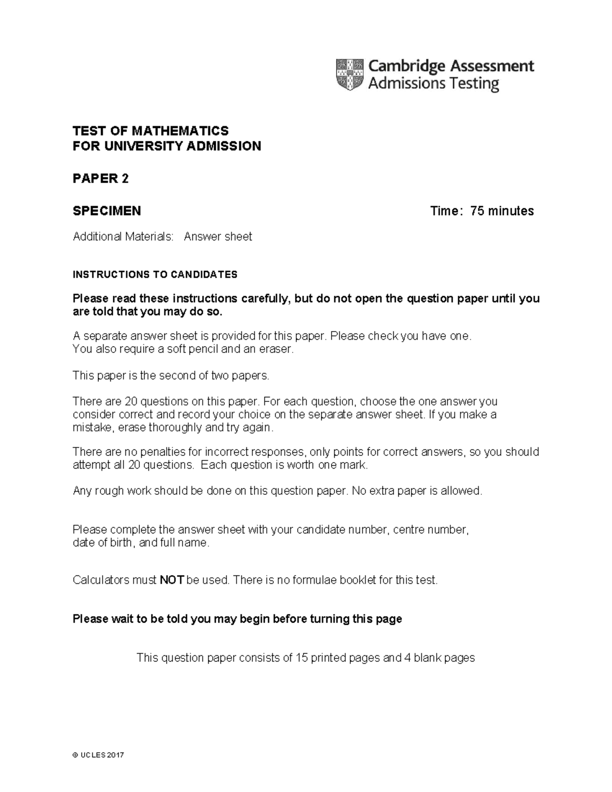 Mathematics for University Admission Test Specimen Paper 2 (314864 ...