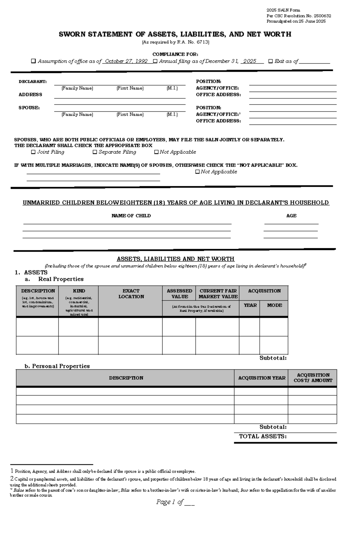 2025 SALN Form Compliance per CSC Res. No. 2500632 - Studocu
