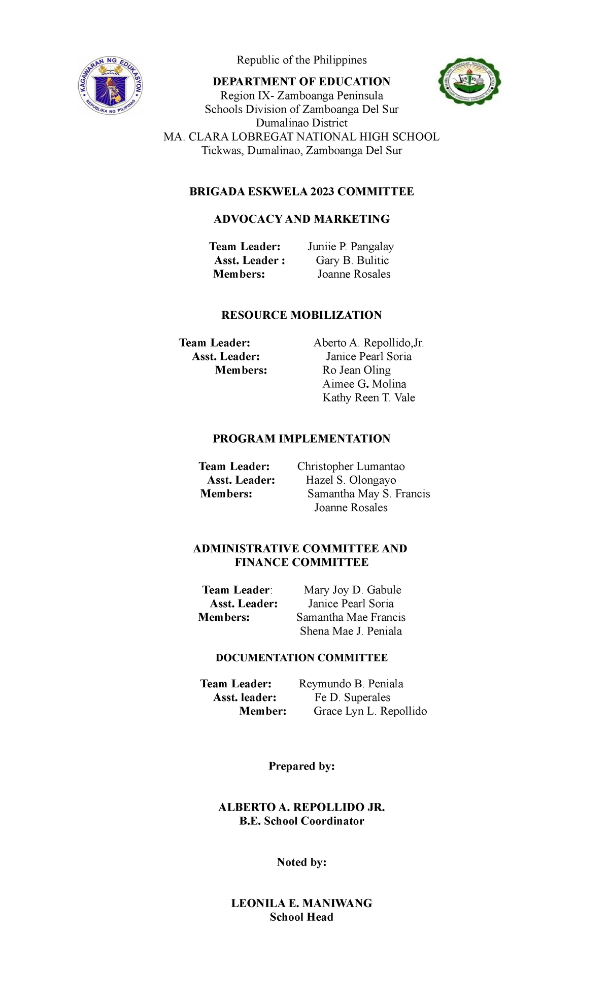Brigada Eskwela 2023 Committee Structure and Roles Document - Studocu