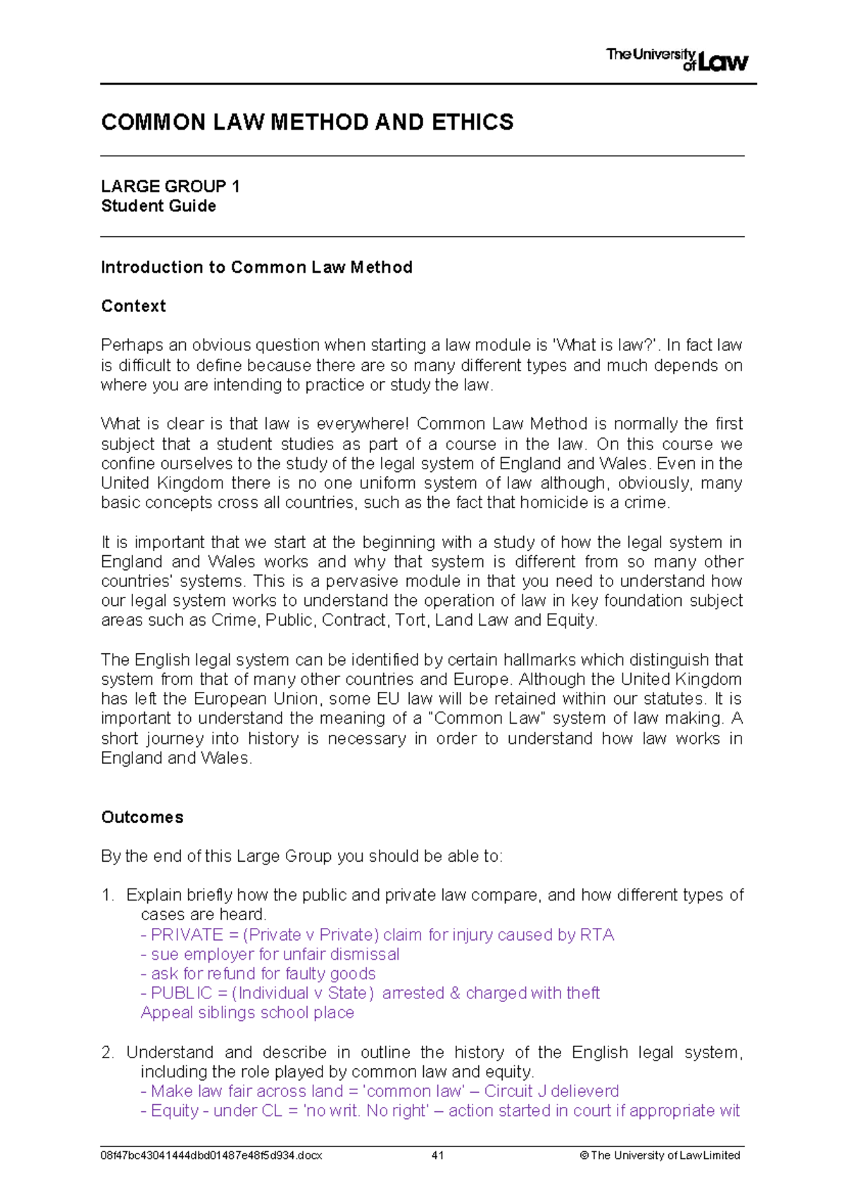 Common Law Method and Ethics (LG1) Student Guide Overview - Studocu