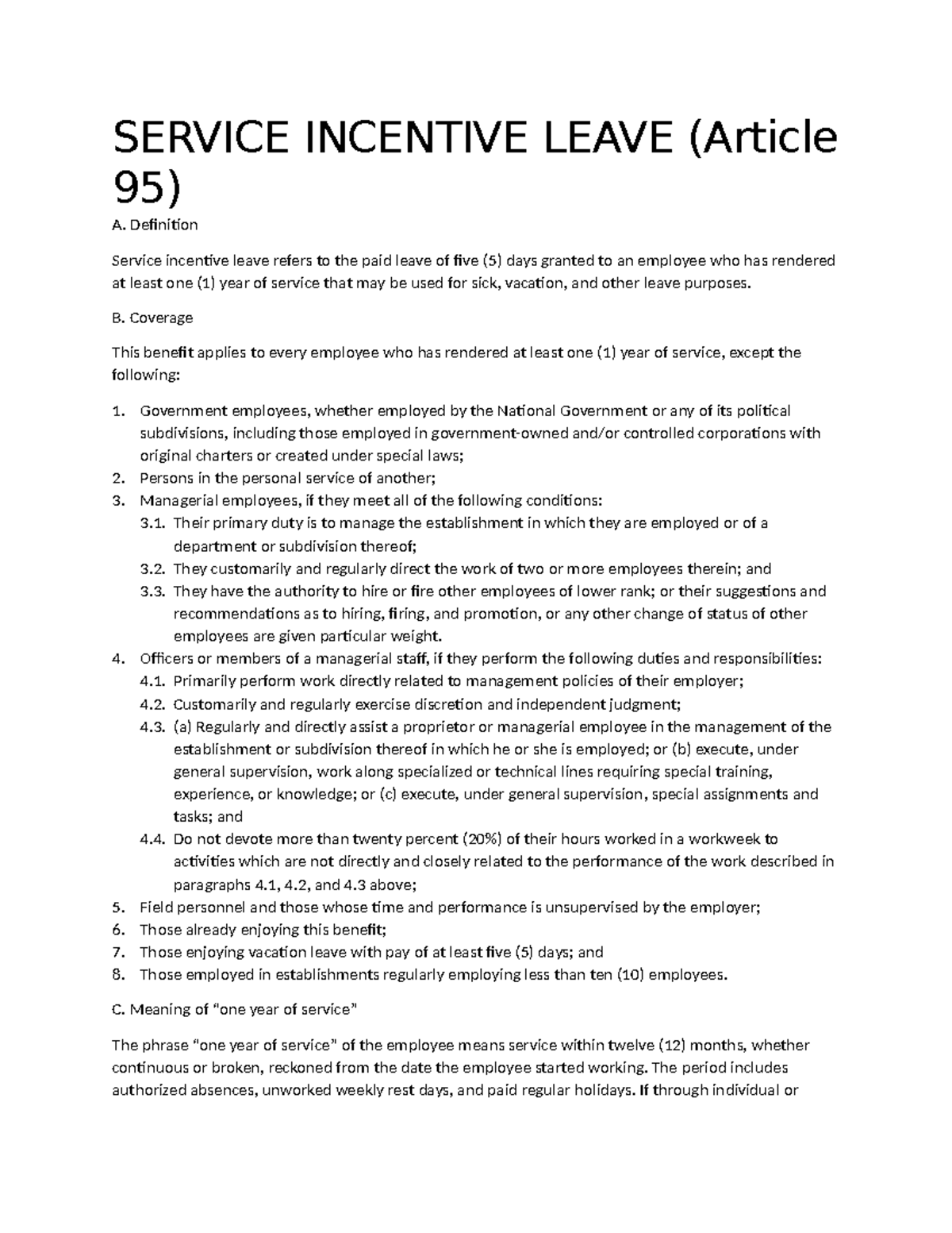 SERVICE INCENTIVE LEAVE & RELATED BENEFITS (RA 8187, RA 8972, RA 9262 ...