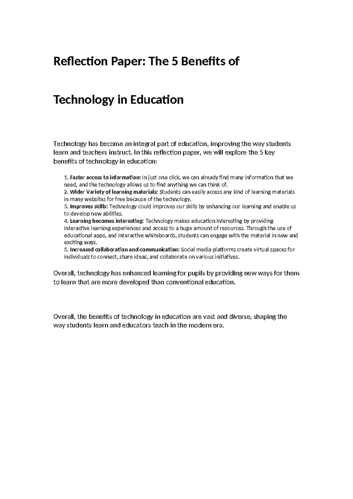 Reflection Paper: 5 Key Benefits of Tech in Education - Studocu