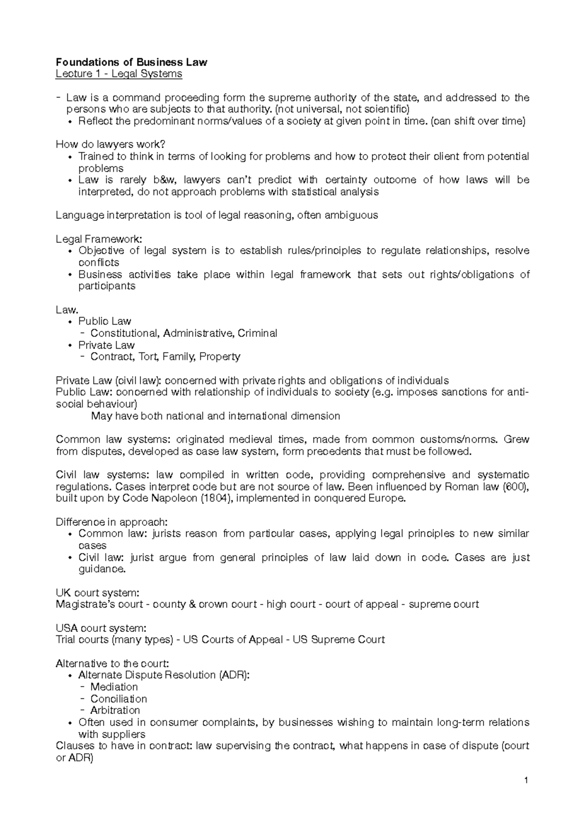 Foundations of Business Law - Lecture Notes Overview (Ch 1-4) - Studeersnel