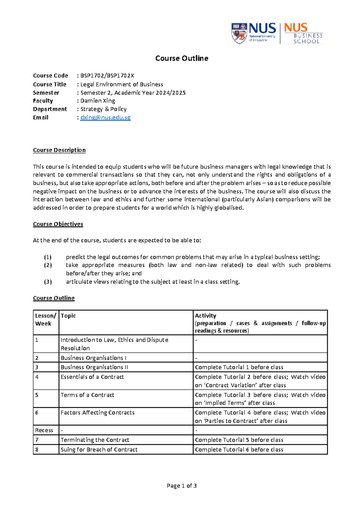Legal Environment of Business (Course Code: Semester 2) Outline - Studocu