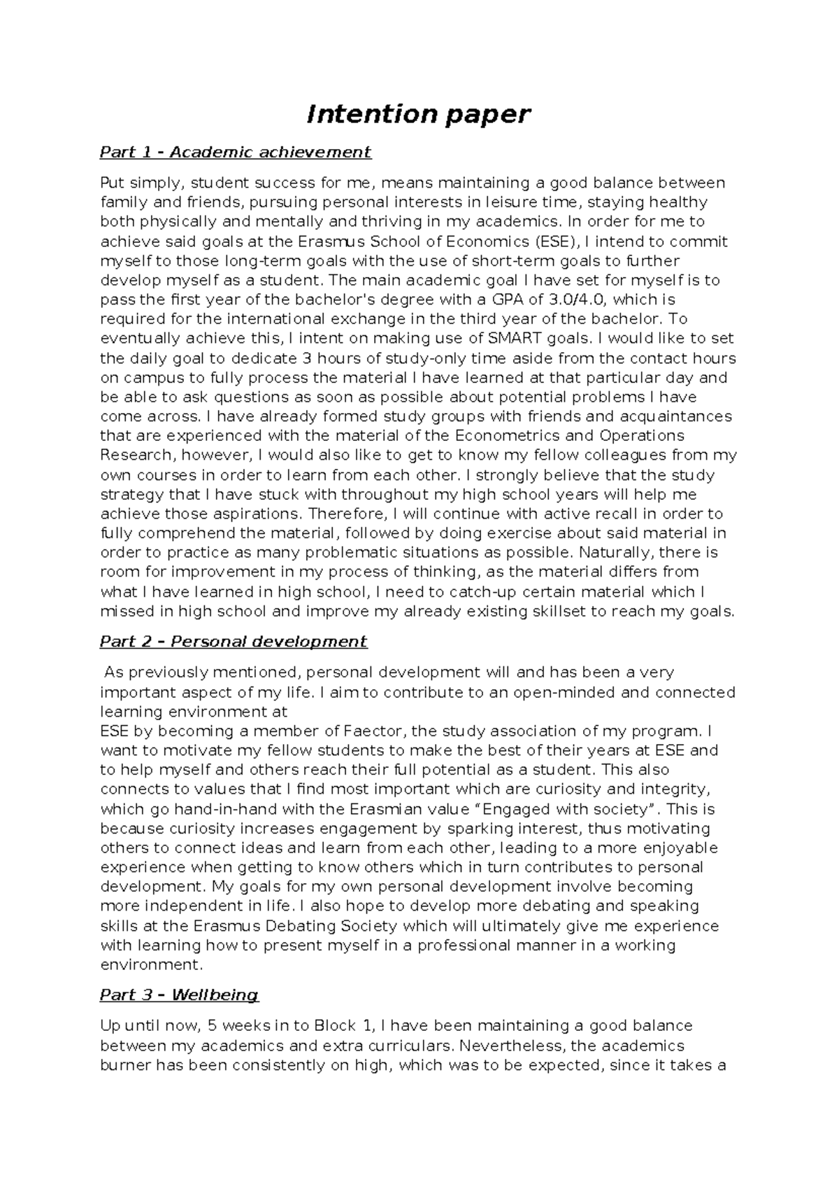 ESE Guidance Intention Paper: Academic & Personal Development Goals ...
