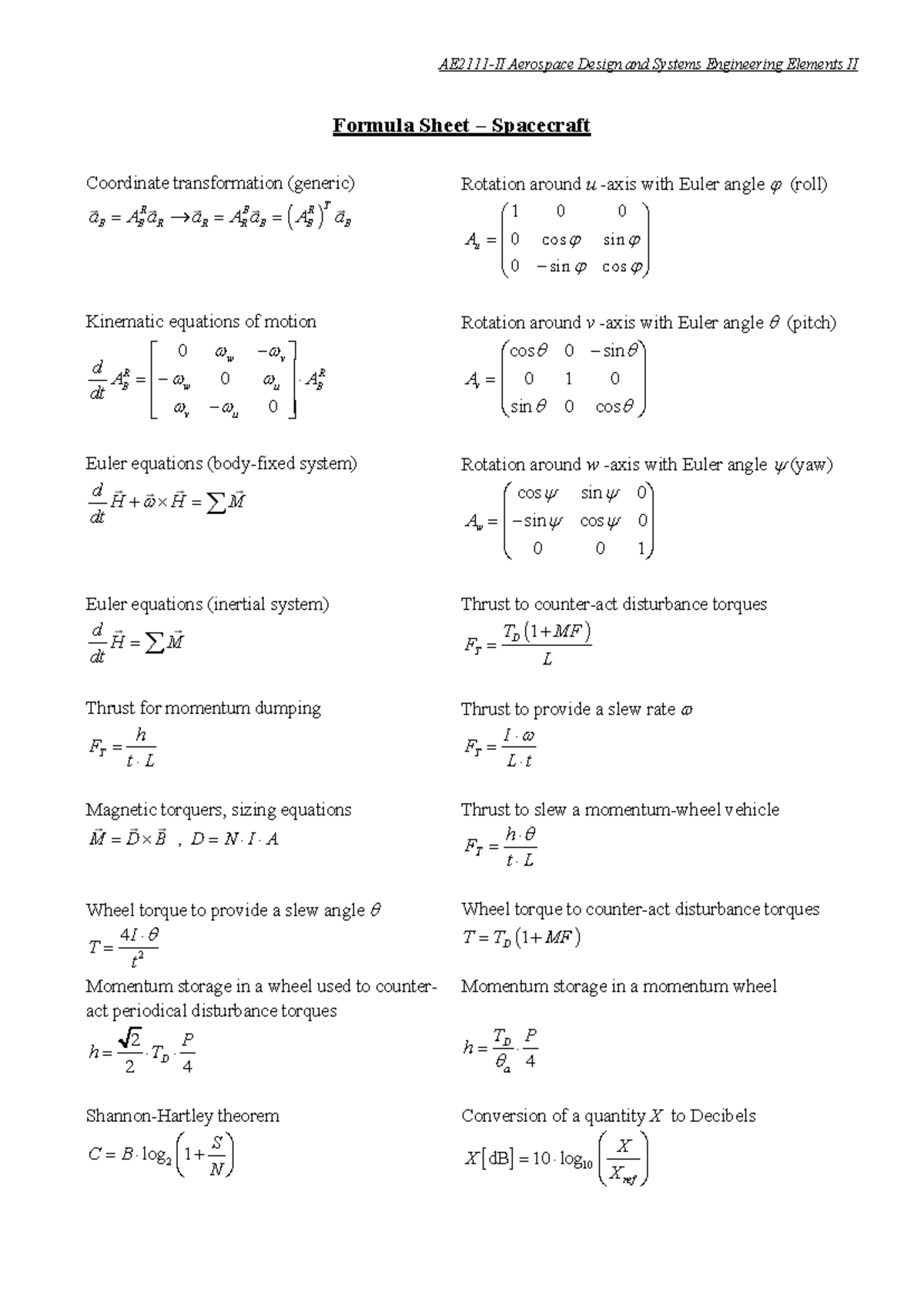 AE2111 II - Formula Sheet for Spacecraft Design and Motion - Studeersnel